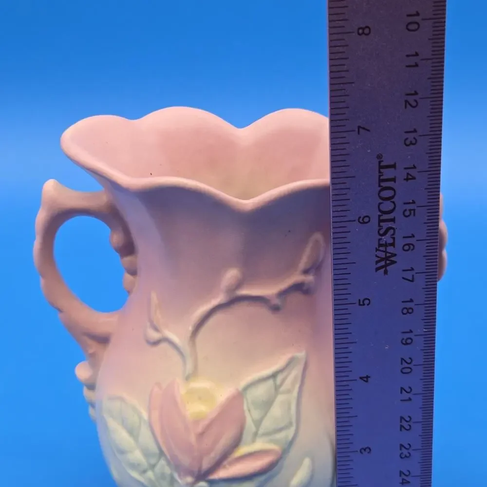 Hull Art Pottery Magnolia Vase 6.25” Matte Pink Blue Double Handle USA 1940s